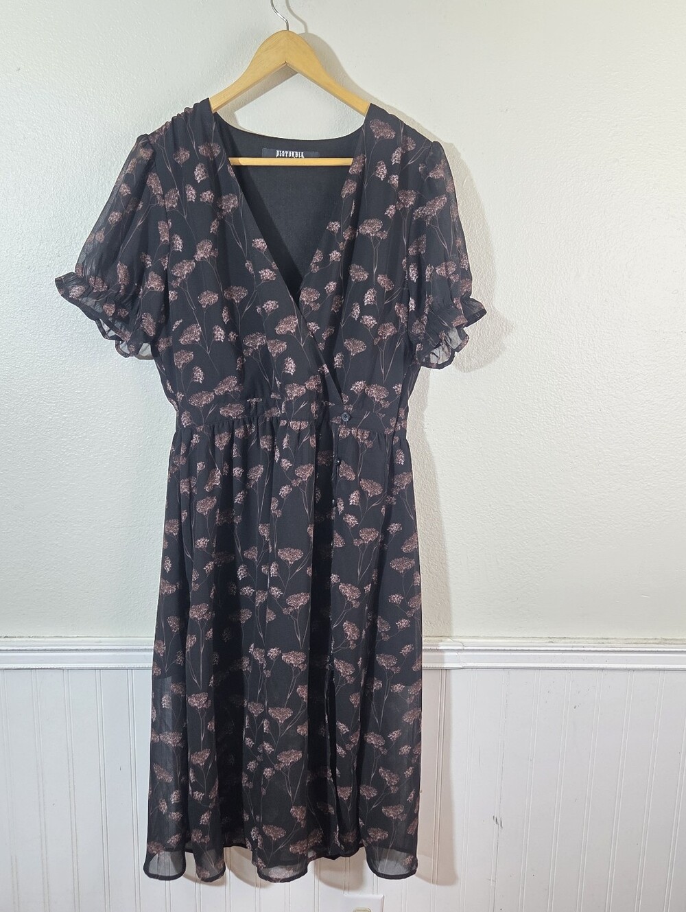 Disturbia Floral Midi Dress Womens US 10 Black Brown Puff Sleeve V Neck Cottagec